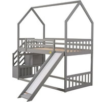 Kid Kreveti Na Sprat-Storage Staircase-Konvertibilni Tobogan-Police-Drvo-Siva