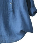 Sawvnm Plus Size ženski V-izrez Dugi rukav labavo dugme pamučne i lanene tunike ljetne košulje bluza vruća prodaja plava L