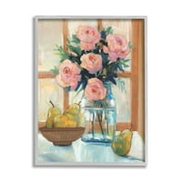 Stupell Industries Svježe ružičaste ruže i voćna kuhinja Prozor Scena slika Siva uokvirena umjetnost Print