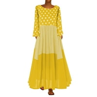 Žene Vintage Bohe talasna tačka Print haljina dugi rukavi O-vrat Maxi haljina žuta XXXXL