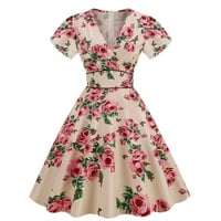 V izrez haljine za žene Casual ljetne žene Print kratki rukav V izrez 1950-ih Retro Vintage party Swing haljine kratke haljine za žene Casual Plus Size poliester Pink M
