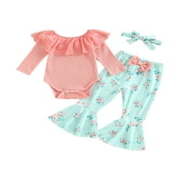 Dojenčad za bebe Girls Cvjetni ruffles Pletene rebraste ramper + cvjetne ispise hlače za hlače