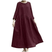 Proljetne haljine za žene labave pune boje pamuk i posteljina nepravilna šivanja okrugla vrata s dugim