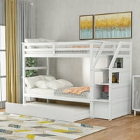 Moderni Twin Over Twin drveni krevet na sprat sa pendrekom, čvrsti okvir kreveta na sprat od tvrdog drveta sa merdevinama i stepenicama za odlaganje dece za odrasle, štedeći prostor-Belo
